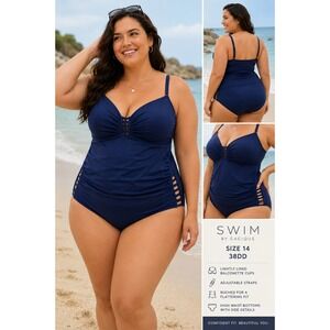 SWIM by Cacique SZ 14 38DD Navy Tankini Swim Set Balconette Ruched NWT Swimsuit
